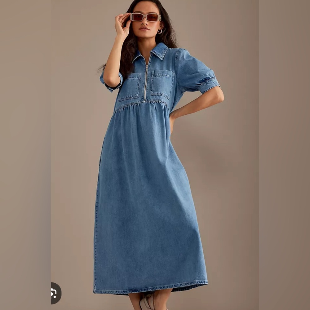 Anthropologie ALIGNE Gabriella Puff-Sleeve Midi Dress Light Wash Size 16